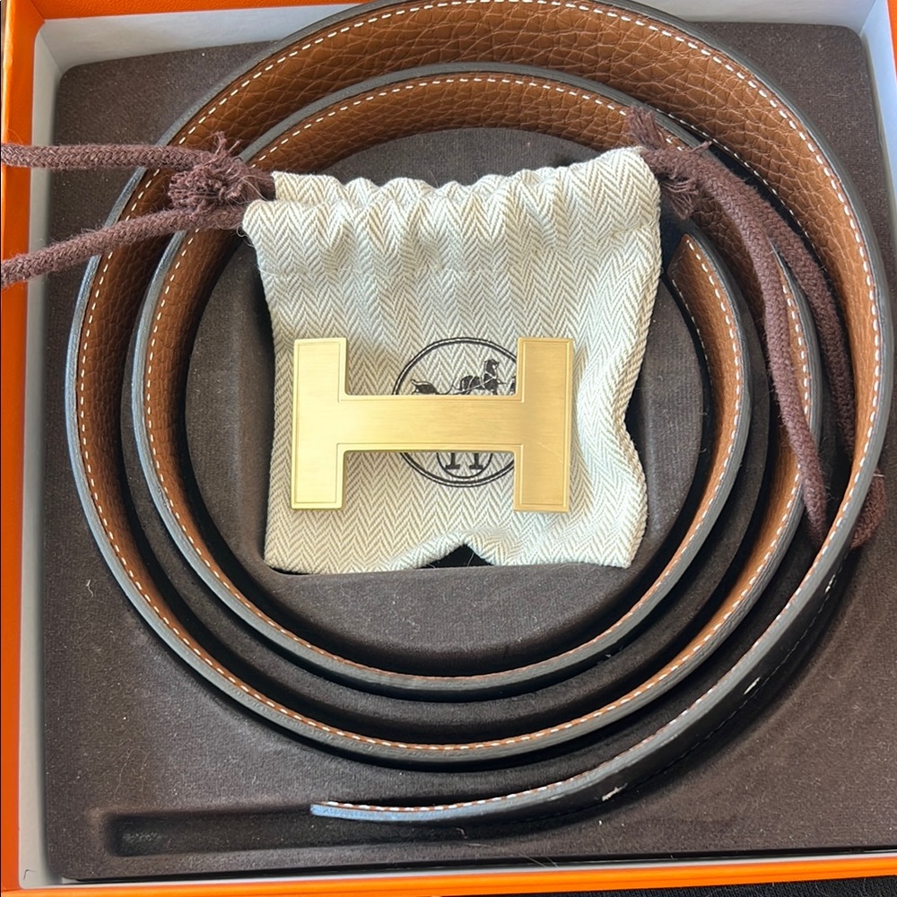 Gold Hermes Logo Belt Buckle with size 90 belt (color black/gold)